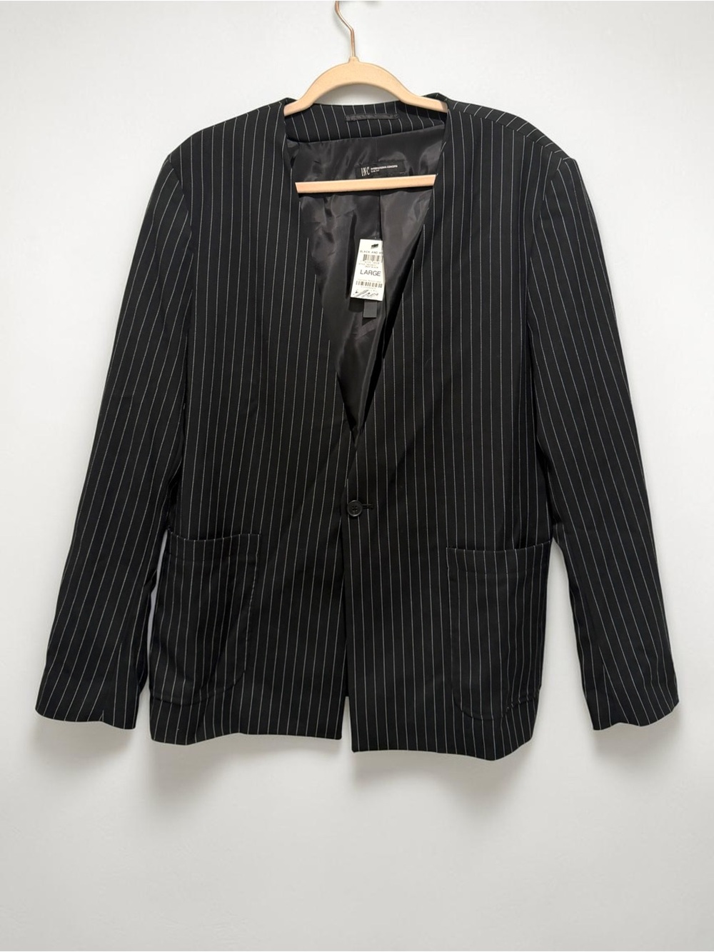 INC International Concepts Black White Pinstripe Slim Fit Blazer Jacket L NWT